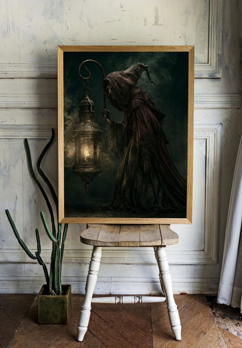 Dark Hooded Lantern Figure Poster. — room view 1