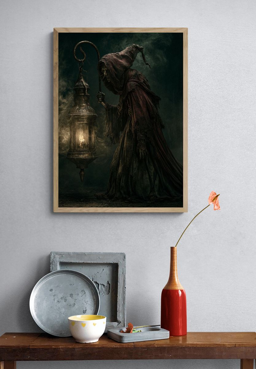 Dark Hooded Lantern Figure Poster. — room view 3