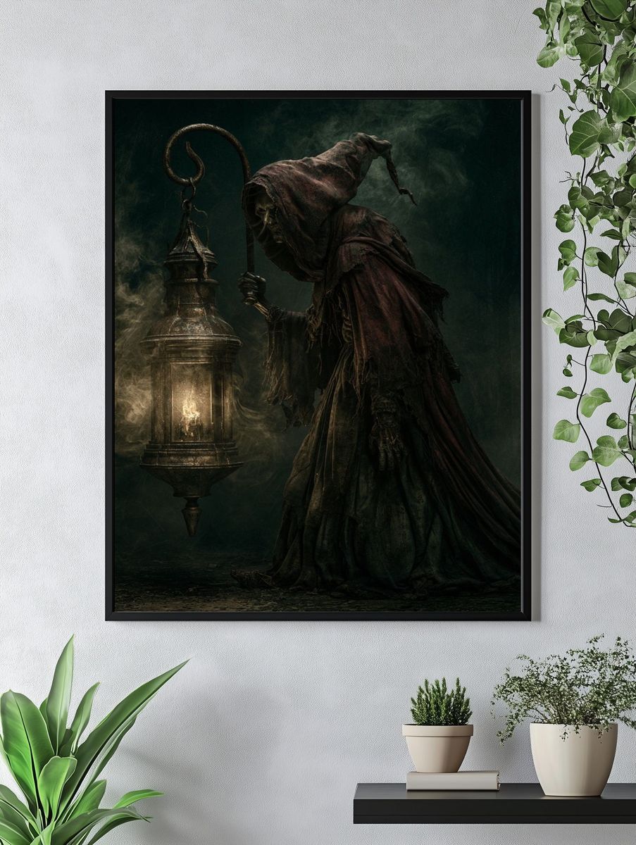 Dark Hooded Lantern Figure Poster. — room view 4