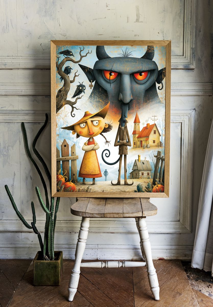 Whimsical Village Devils Illustration Poster. — room view 1