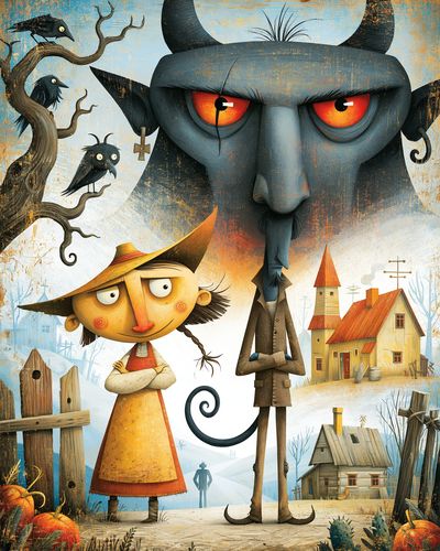 Whimsical Village Devils Illustration Poster. poster print