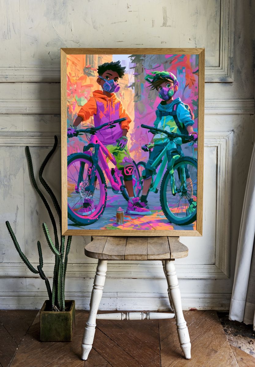 Neon Bike Riders Illustration Poster. — room view 1