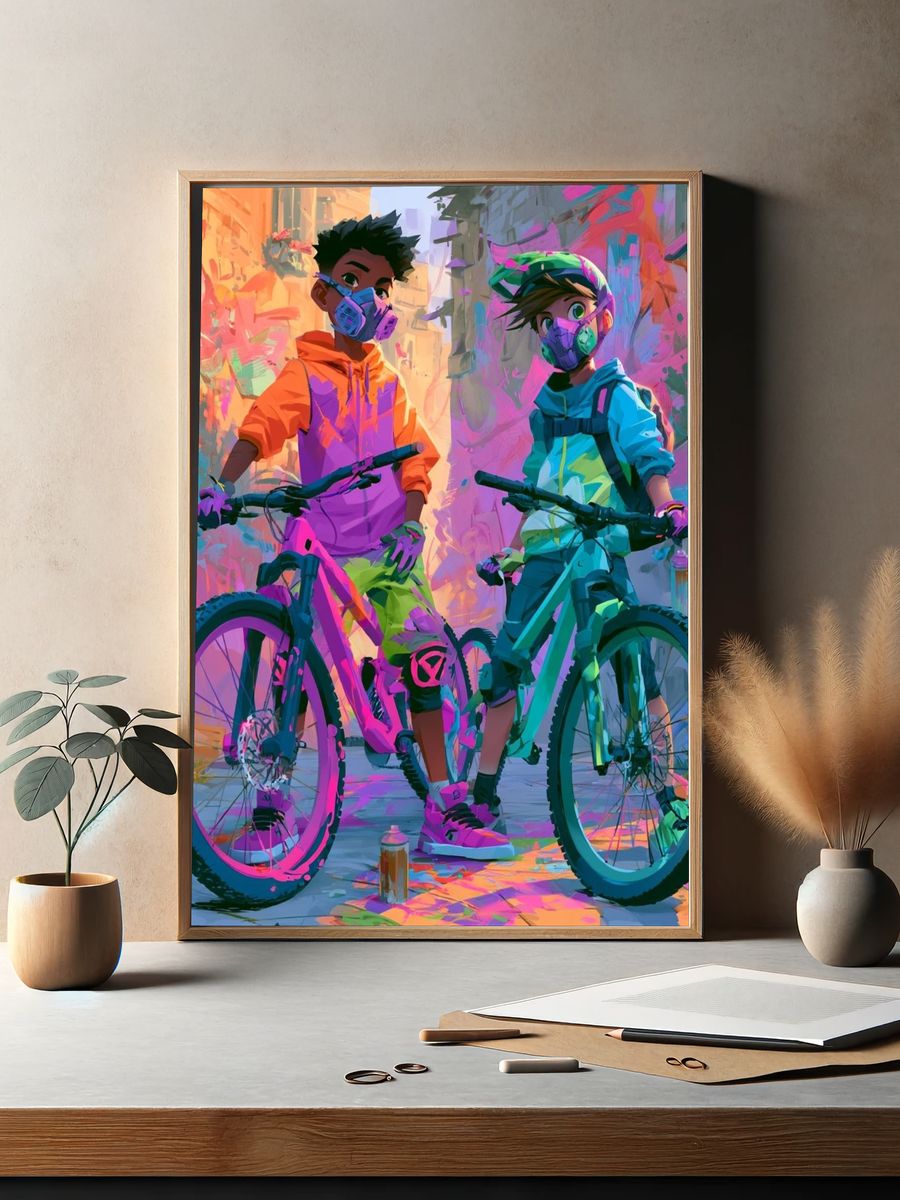 Neon Bike Riders Illustration Poster. — room view 2