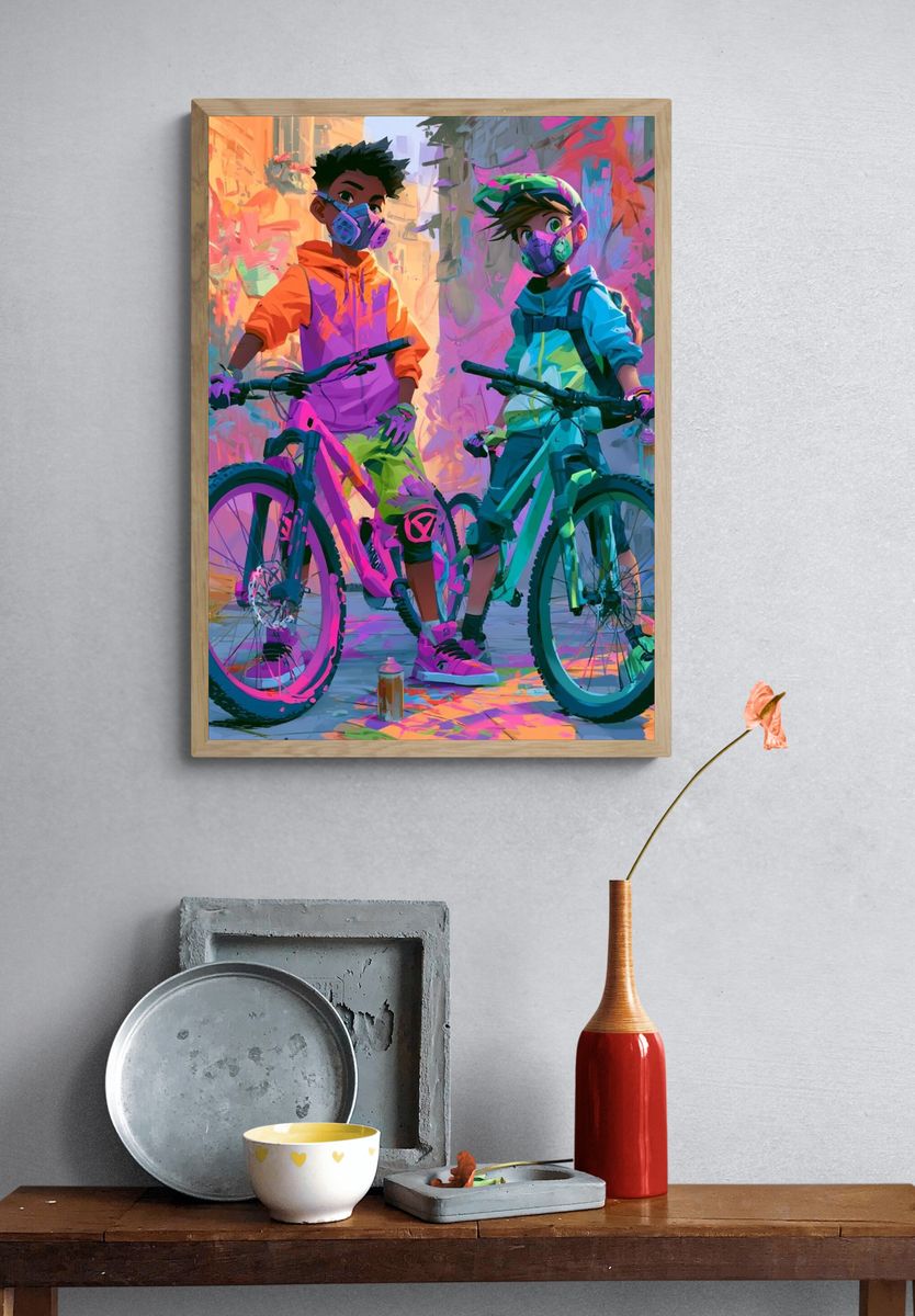 Neon Bike Riders Illustration Poster. — room view 3