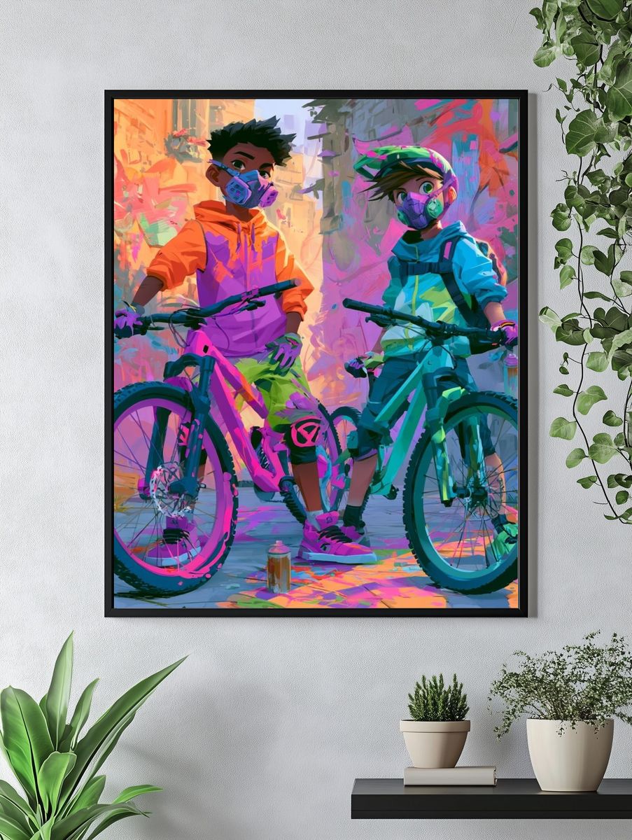 Neon Bike Riders Illustration Poster. — room view 4