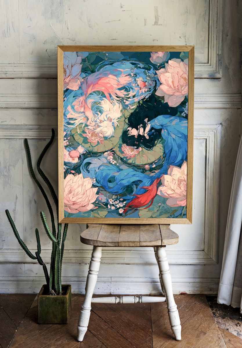 Koi and Lotus Garden Illustration Poster. — room view 1