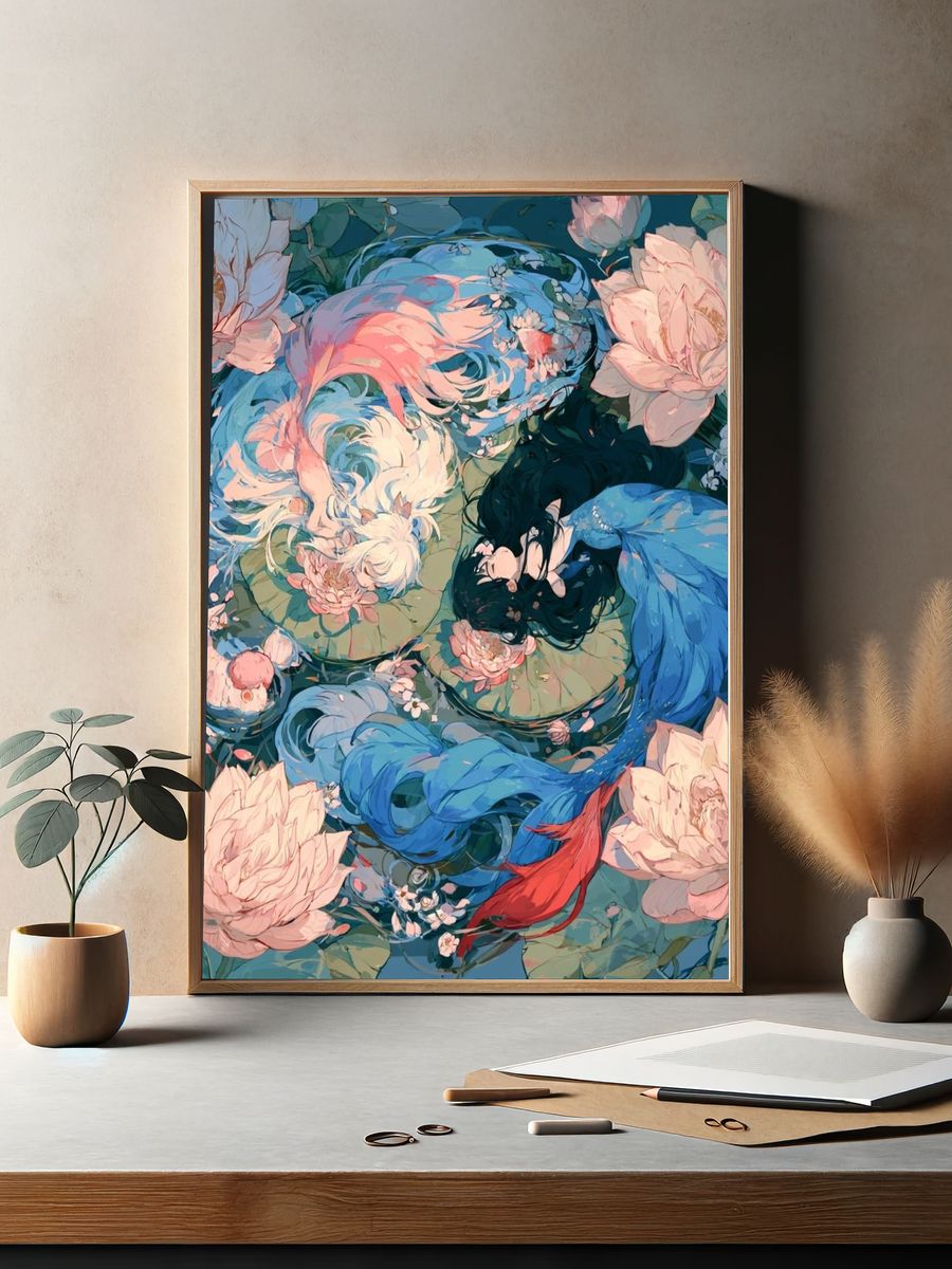Koi and Lotus Garden Illustration Poster. — room view 2