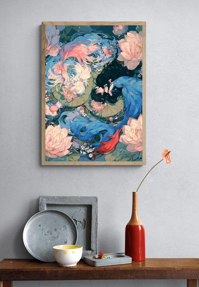 Koi and Lotus Garden Illustration Poster. — room view 3