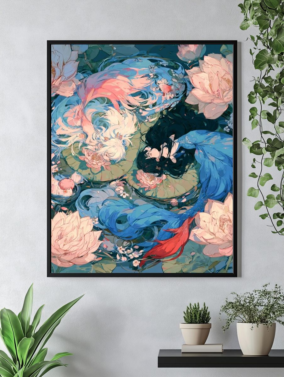 Koi and Lotus Garden Illustration Poster. — room view 4