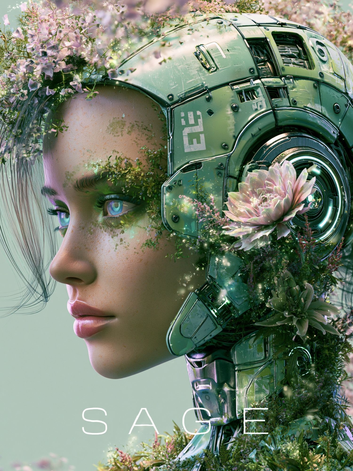 Sage Cyber Flora Portrait Print. poster detail