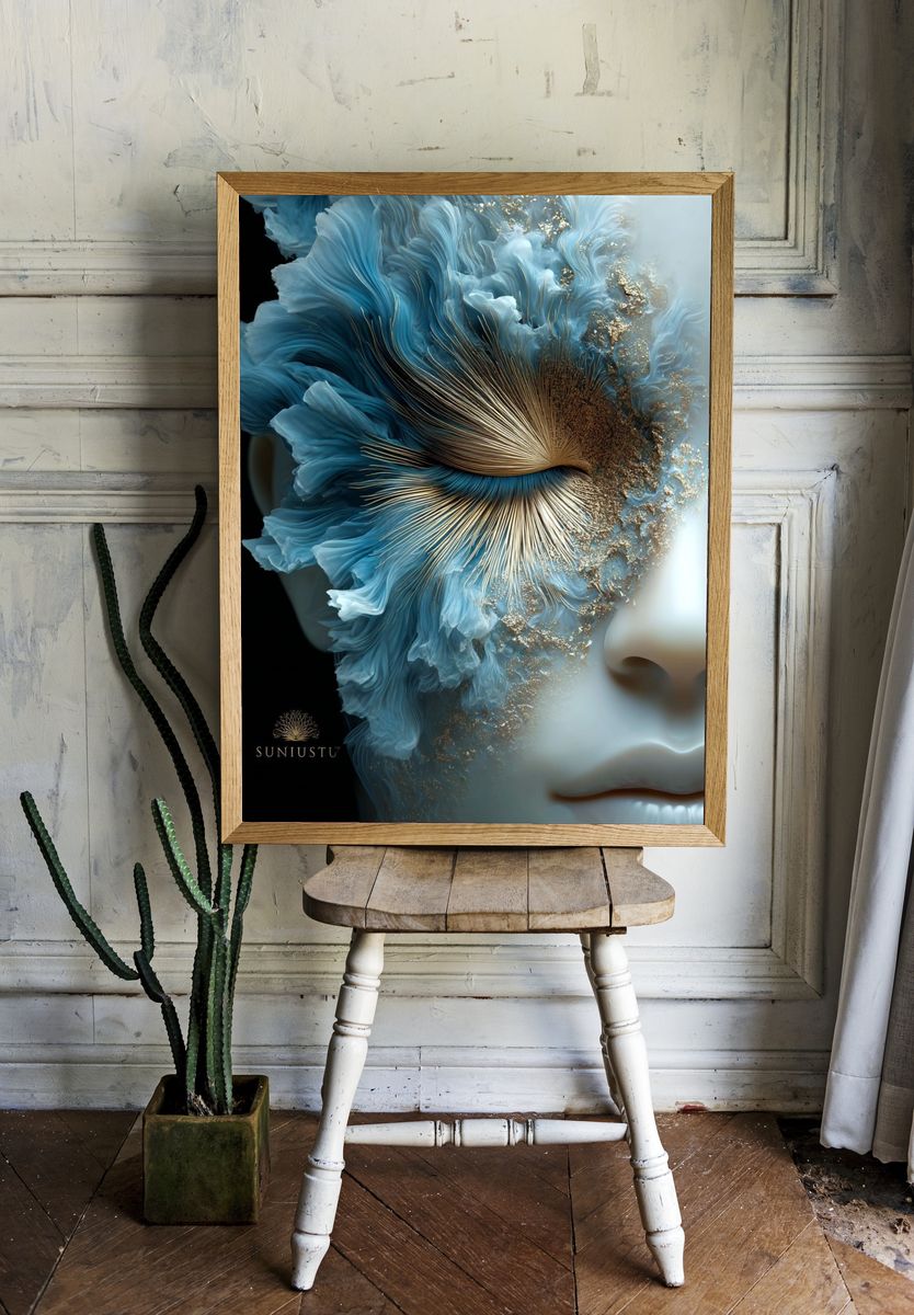 Blue Floral Face Illustration Poster. room preview