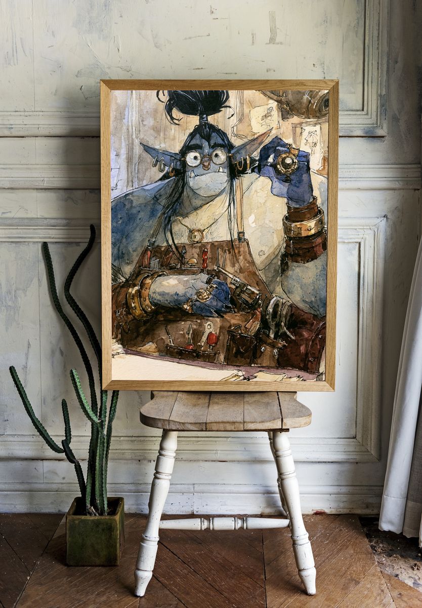 Goblin Artificer Watercolor Print. room preview