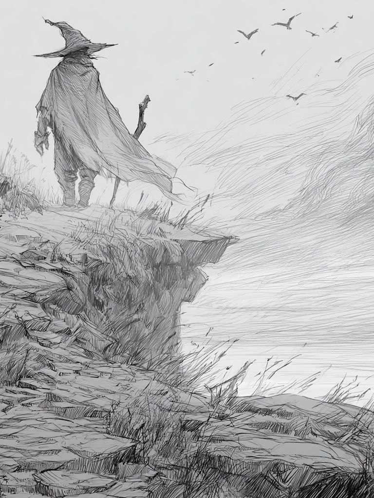 Wandering Cloak Cliffside Illustration Print. poster detail
