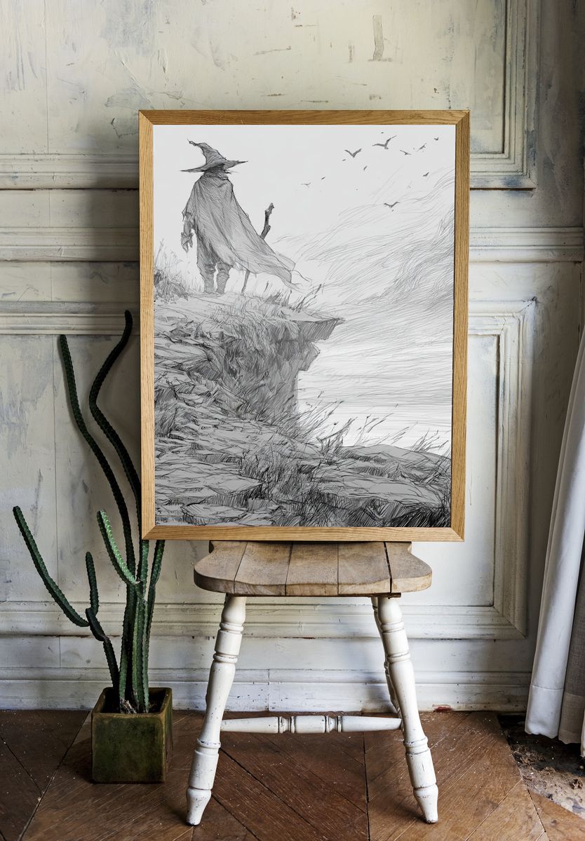 Wandering Cloak Cliffside Illustration Print. — room view 1