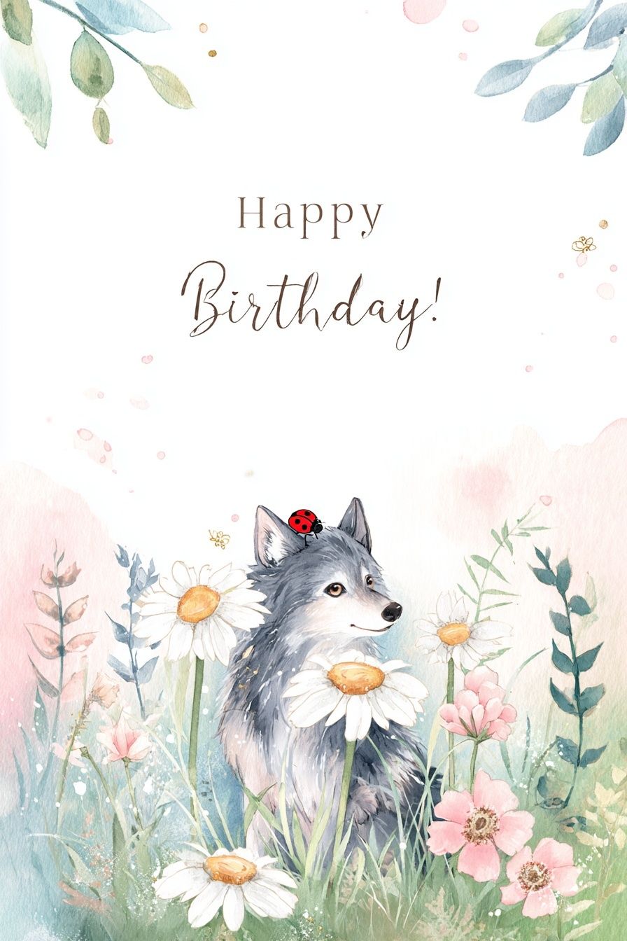 Happy Birthday Wolf Watercolor Print. poster detail