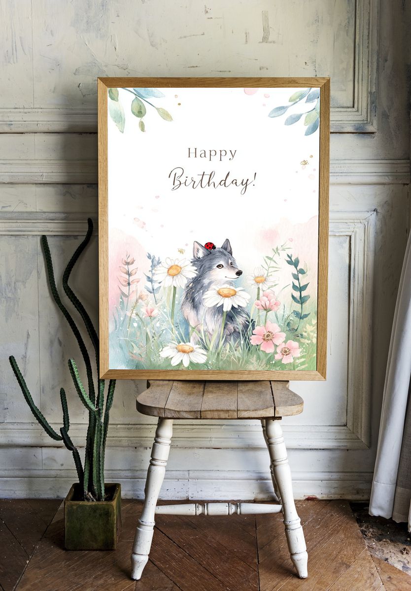 Happy Birthday Wolf Watercolor Print. room preview
