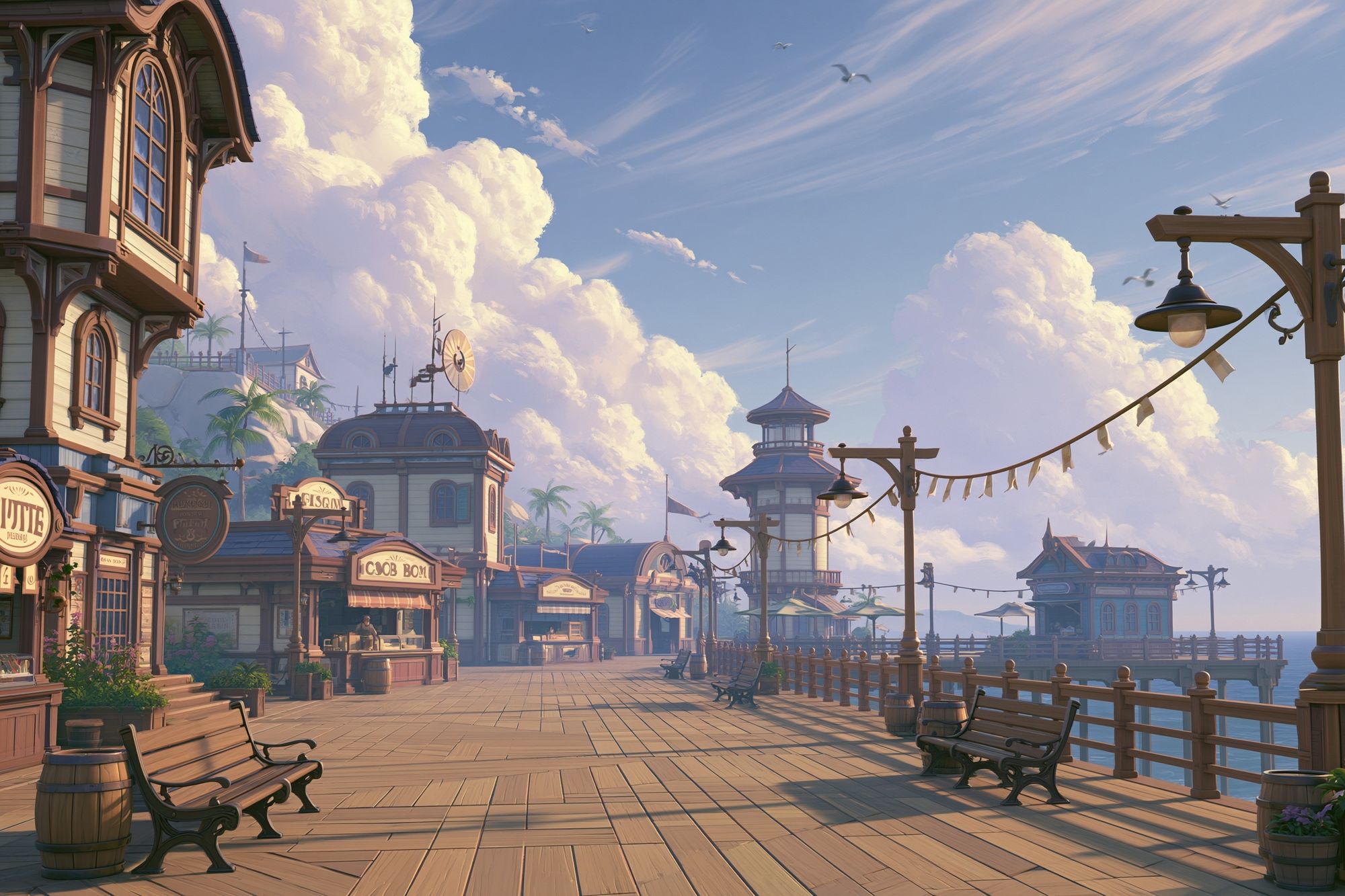 Seaside Boardwalk Town Illustration Poster. poster detail