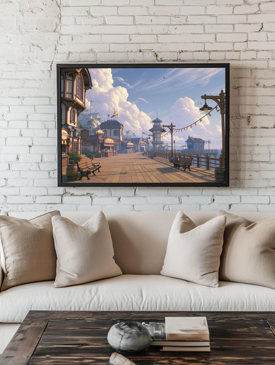 Seaside Boardwalk Town Illustration Poster. — room view 1