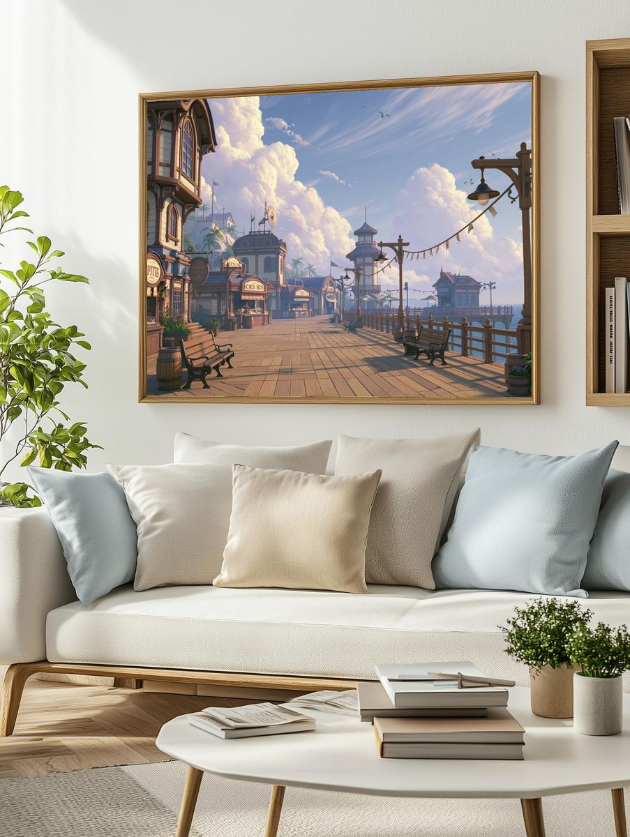 Seaside Boardwalk Town Illustration Poster. — room view 2