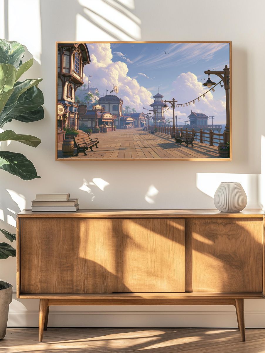 Seaside Boardwalk Town Illustration Poster. — room view 3