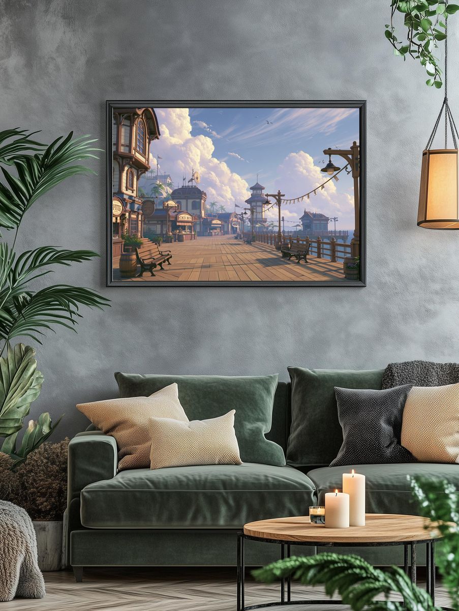 Seaside Boardwalk Town Illustration Poster. — room view 4
