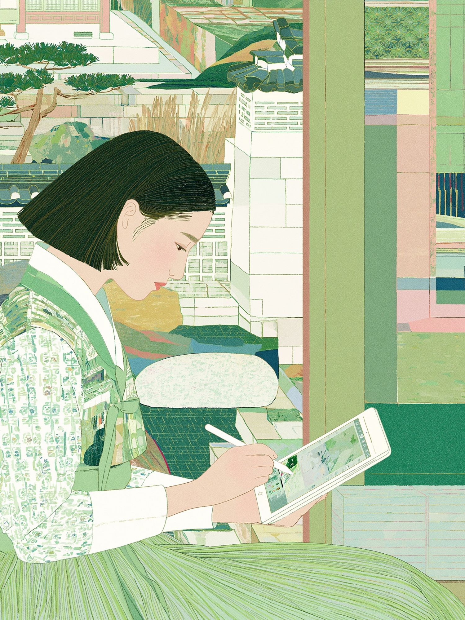 Seated Woman with Tablet Illustration Poster. poster — illustration art
