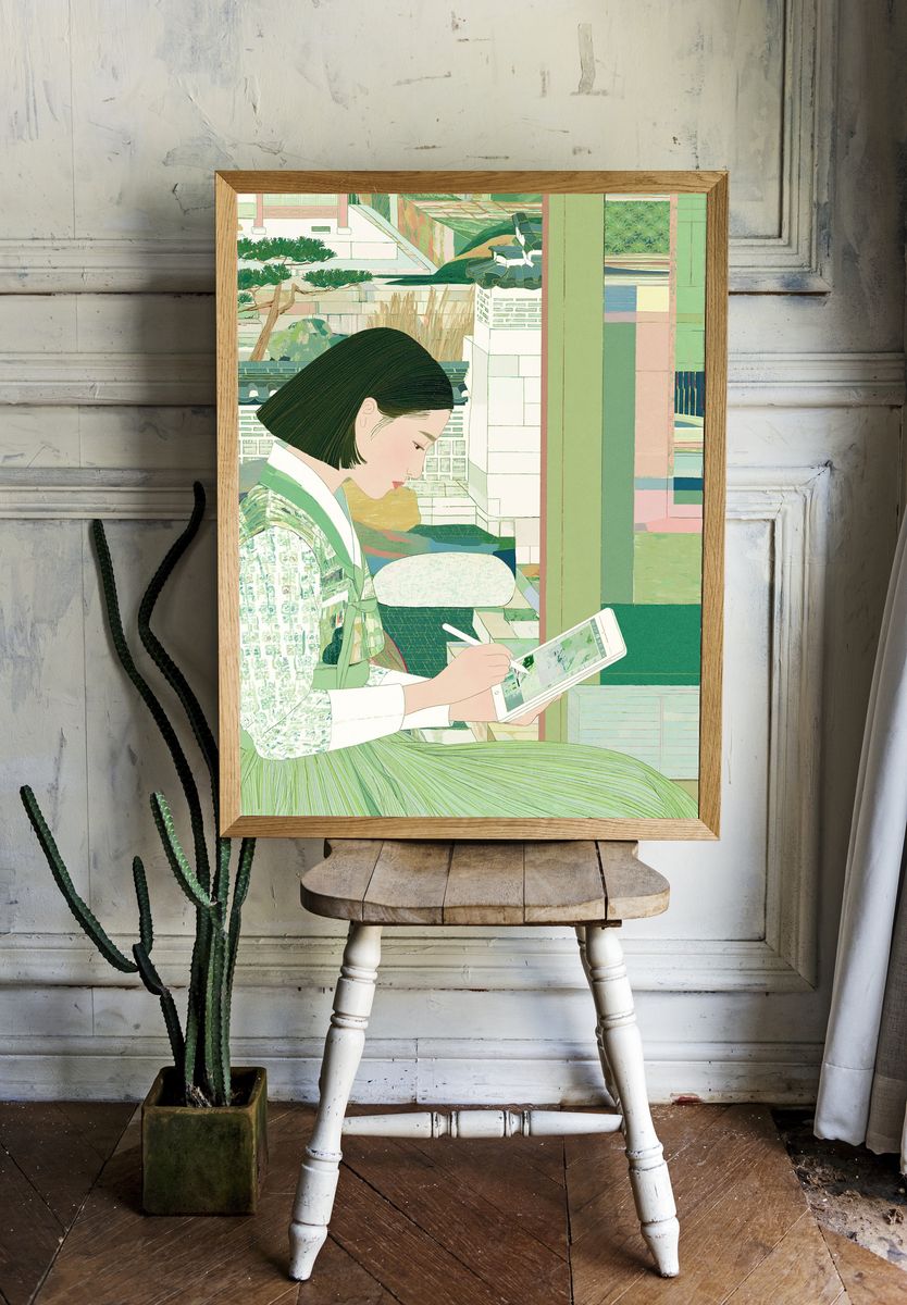 Seated Woman with Tablet Illustration Poster. room preview