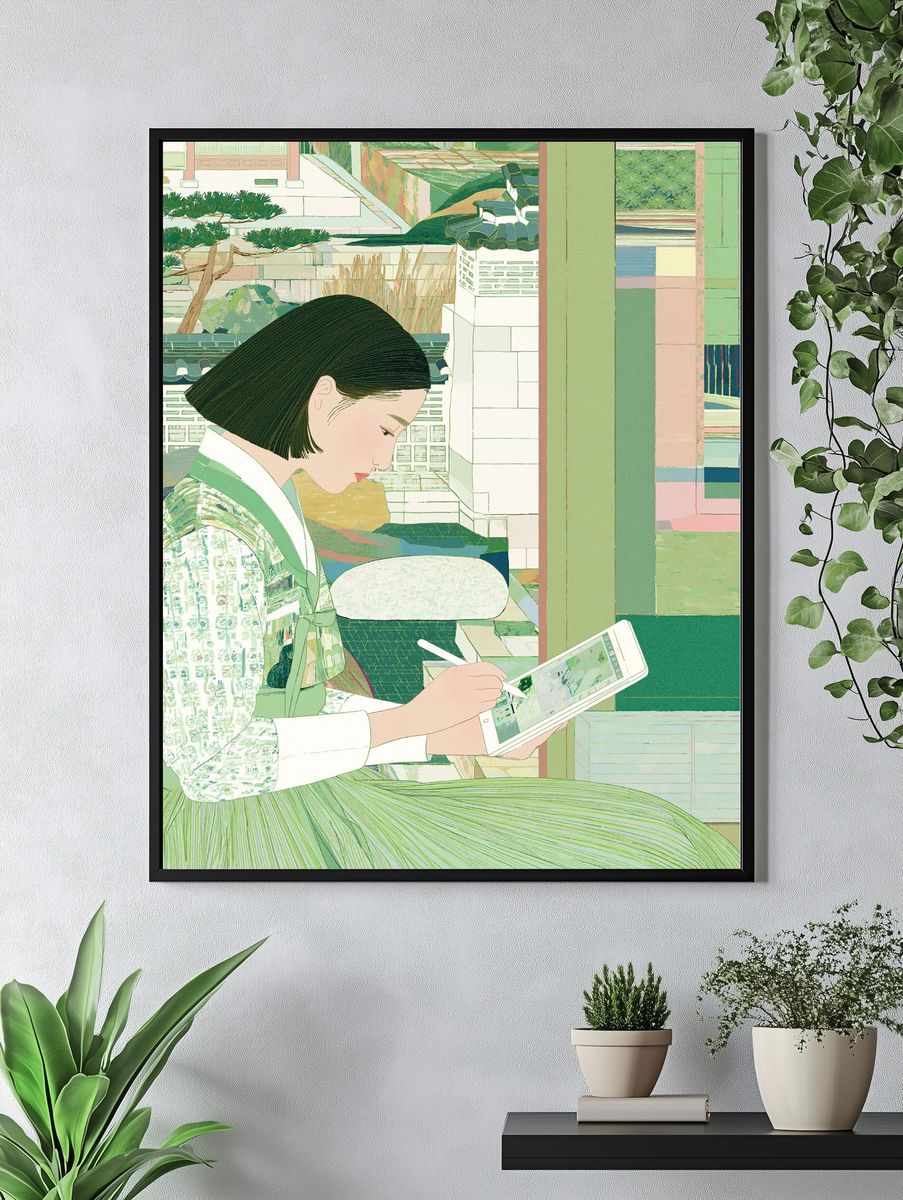 Seated Woman with Tablet Illustration Poster. — room view 4