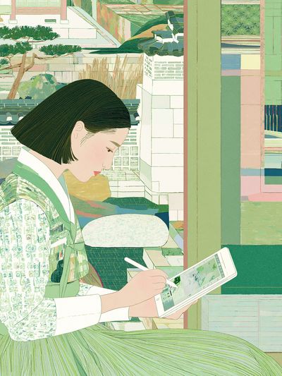Seated Woman with Tablet Illustration Poster.