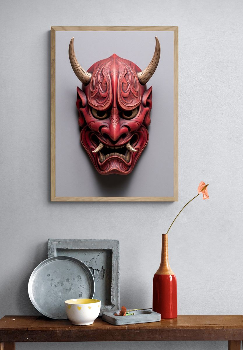 Red Oni Mask Illustration Poster. — room view 3