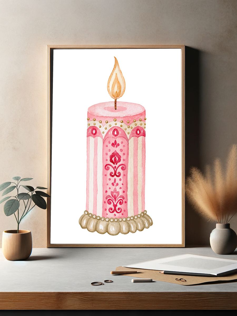 Decorative Pink Candle Illustration Print. — room view 2
