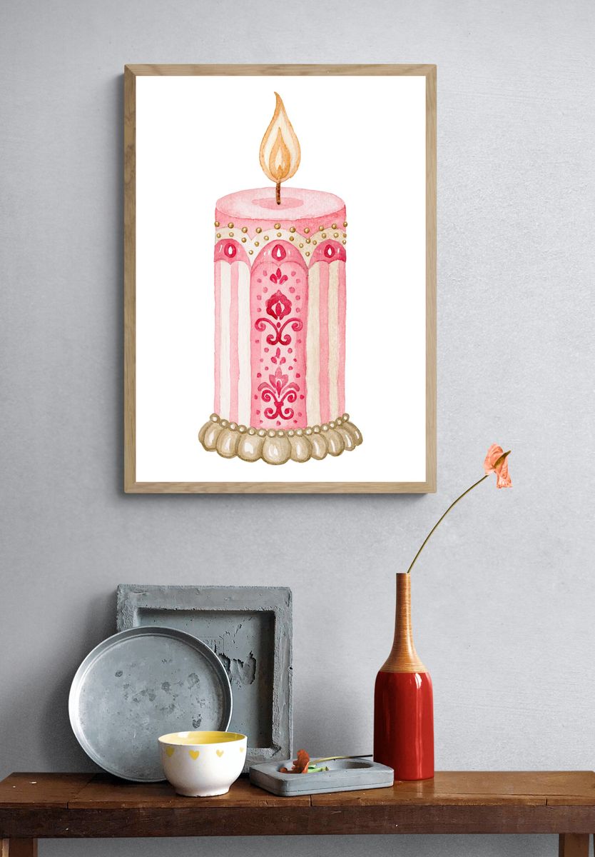 Decorative Pink Candle Illustration Print. — room view 3