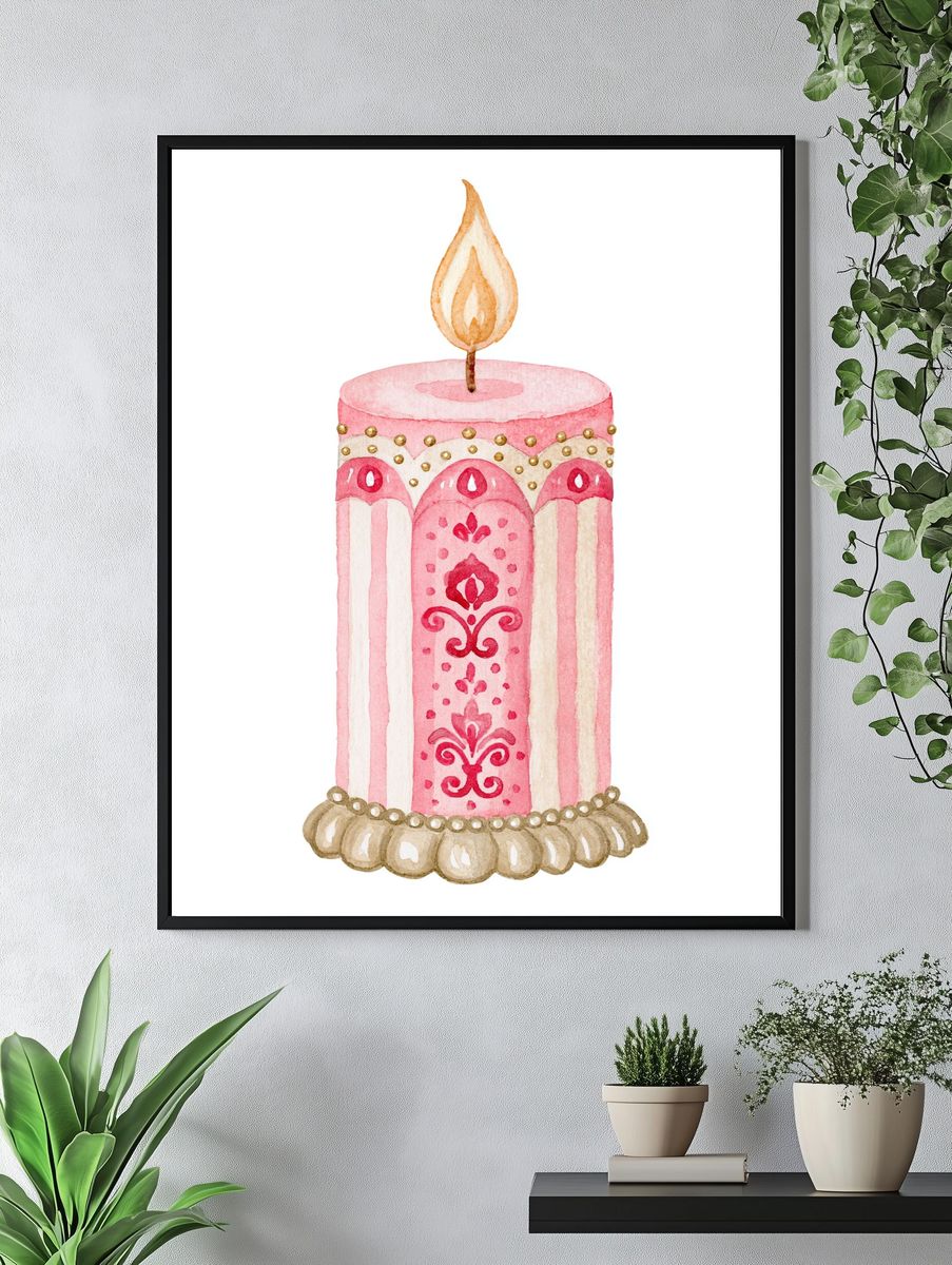 Decorative Pink Candle Illustration Print. — room view 4