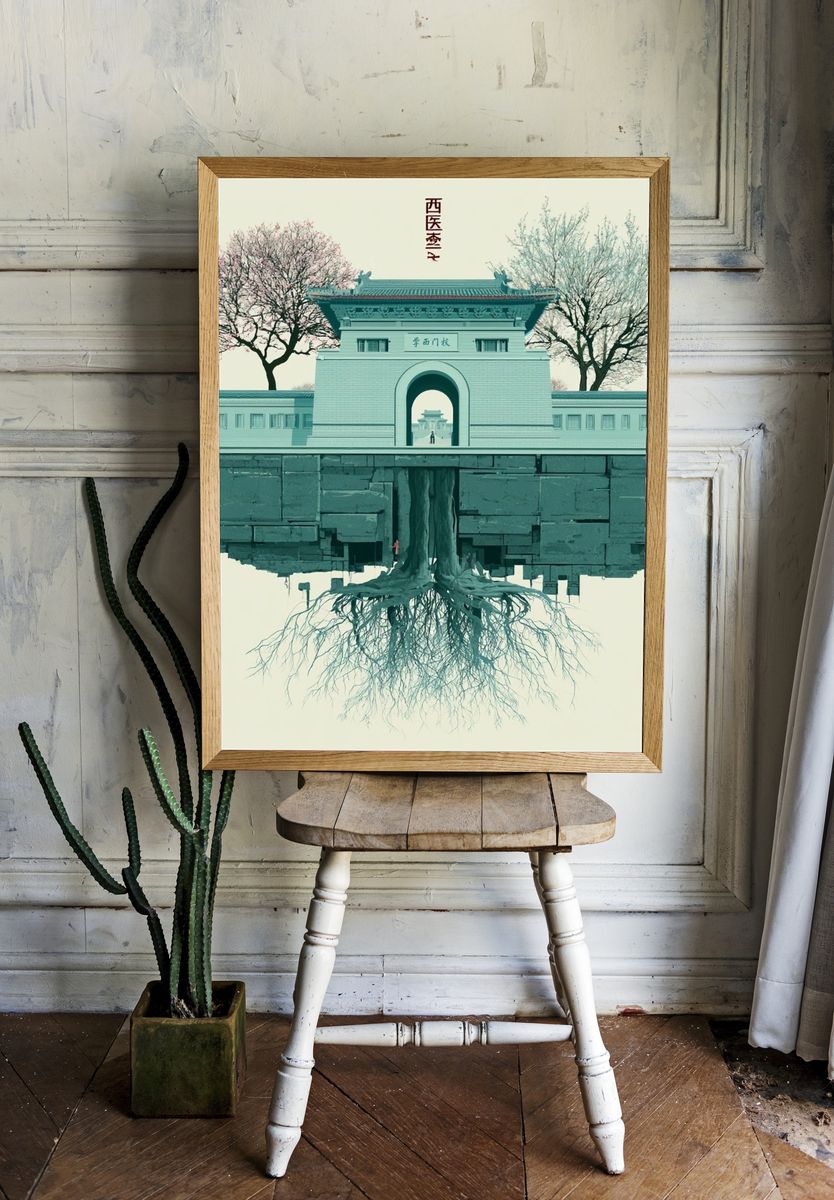 Floating Temple Surrealism Print. room preview