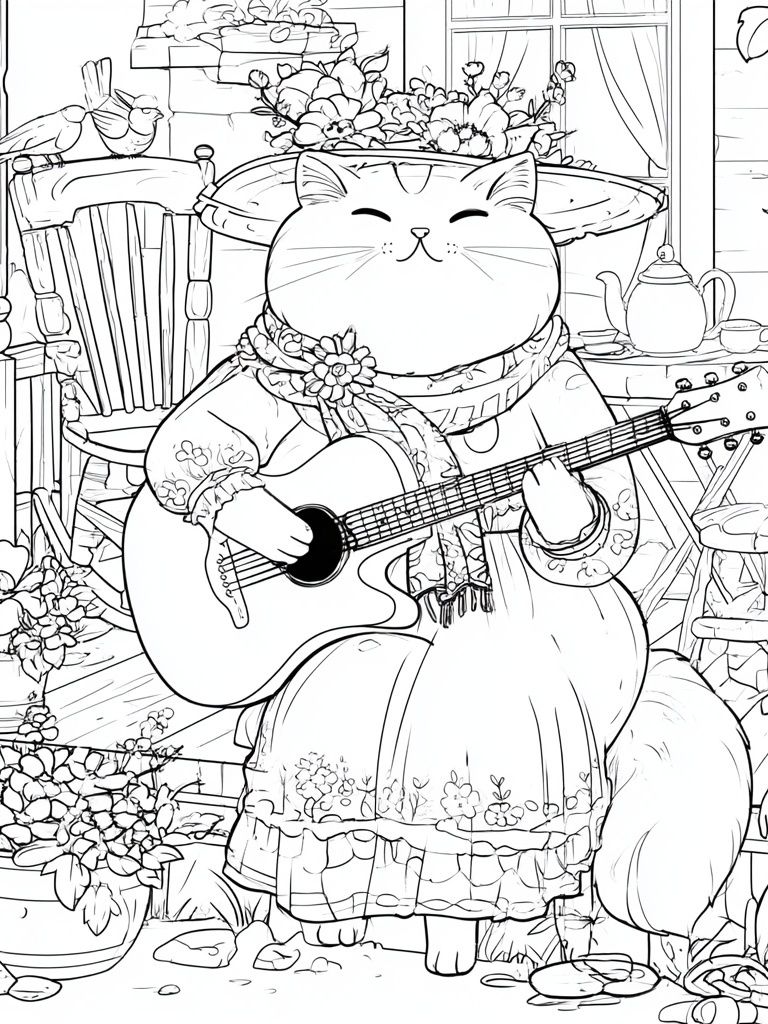 Guitar Cat Garden Illustration Poster. poster detail