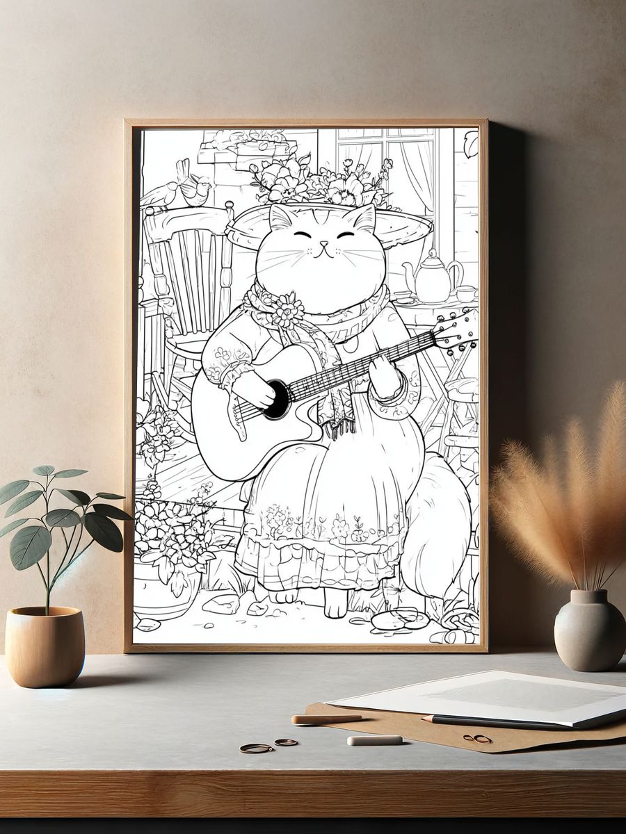 Guitar Cat Garden Illustration Poster. — room view 2