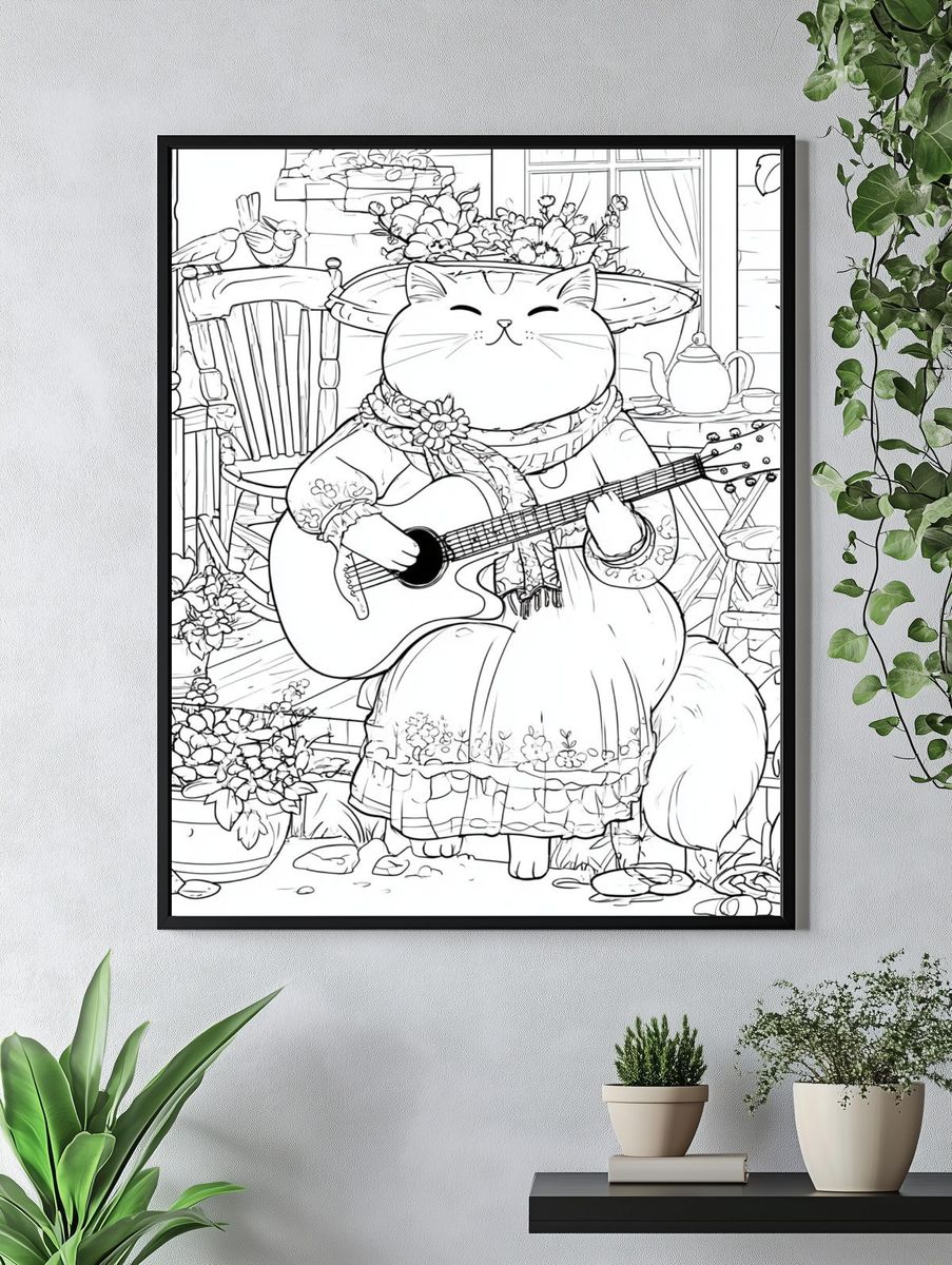 Guitar Cat Garden Illustration Poster. — room view 4