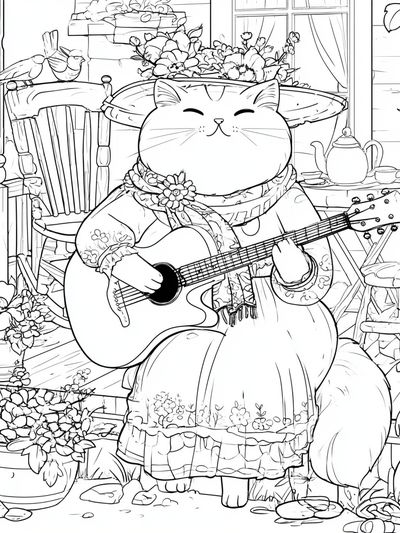 Guitar Cat Garden Illustration Poster. poster