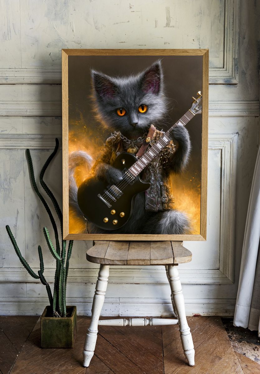 Rockstar Cat Illustration Poster. room preview