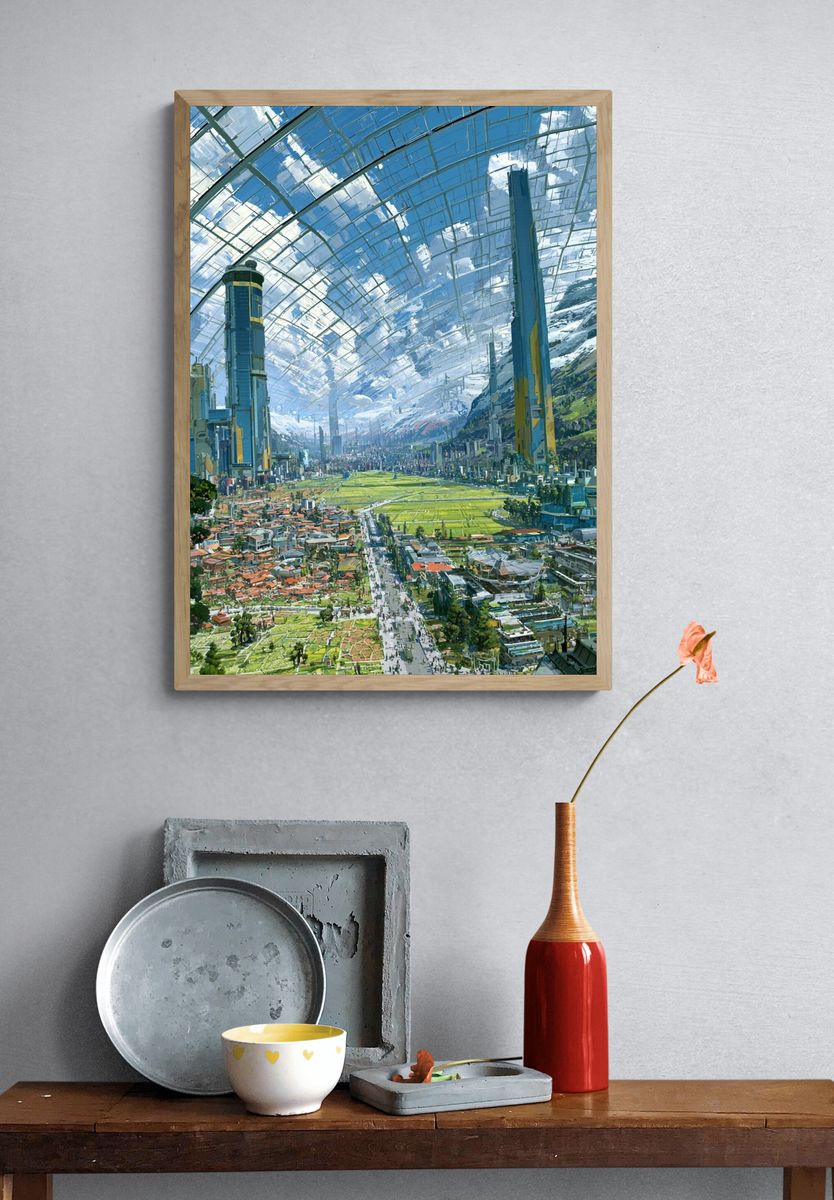 Futuristic Sky City Illustration Poster. — room view 3