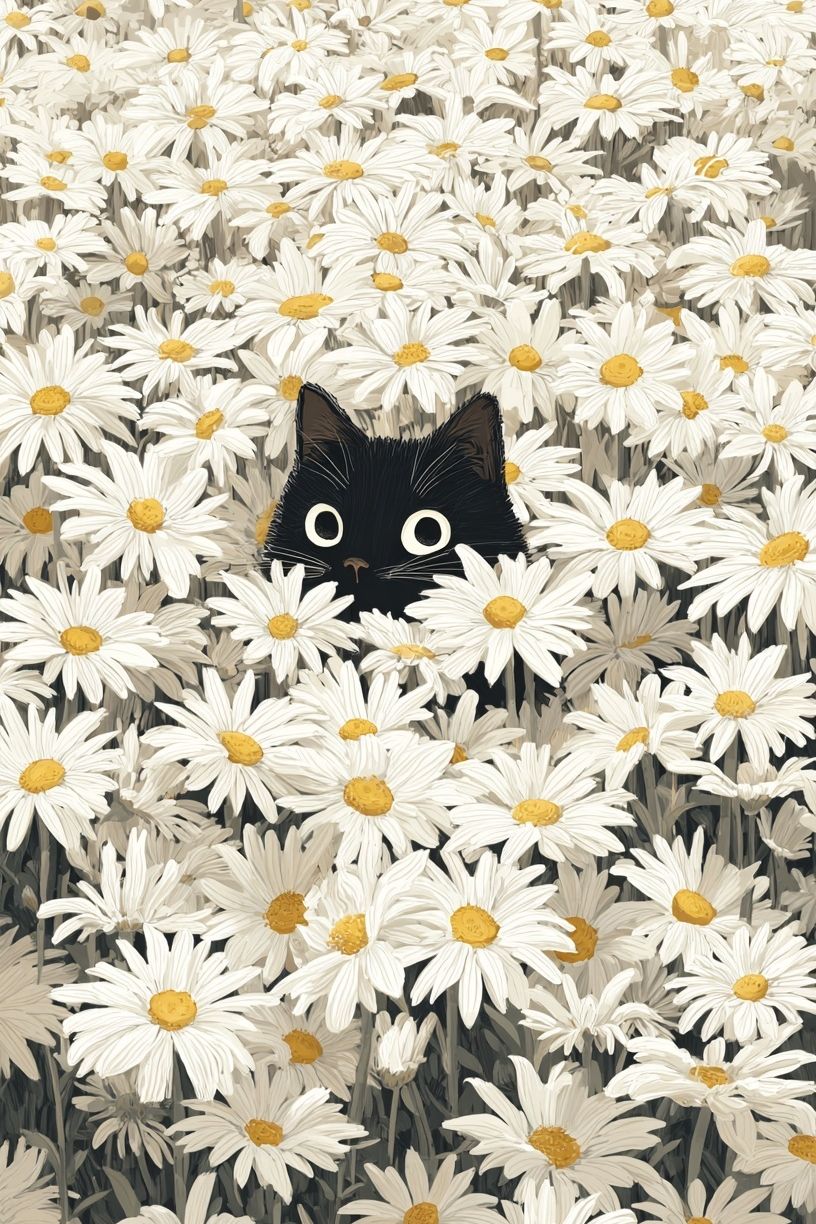 Black Cat in Daisies Illustration Poster. poster detail