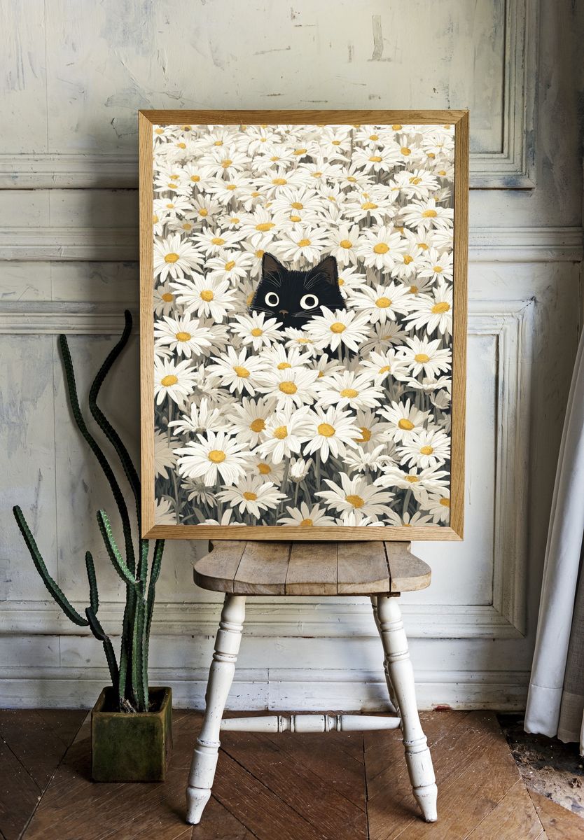 Black Cat in Daisies Illustration Poster room preview