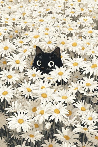 Black Cat in Daisies Illustration Poster. poster print