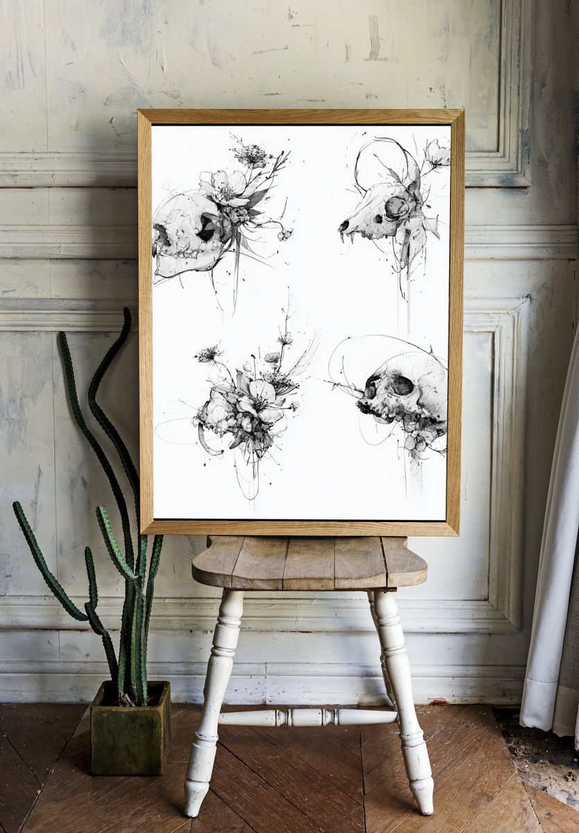 Botanical Skull Ink Poster. — room view 1
