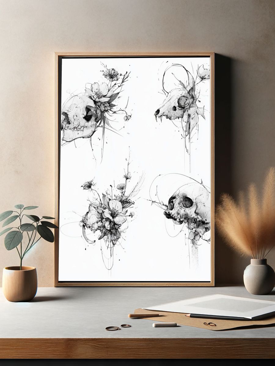 Botanical Skull Ink Poster. — room view 2