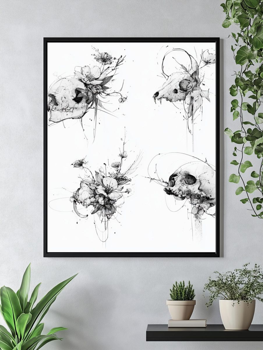 Botanical Skull Ink Poster. — room view 4