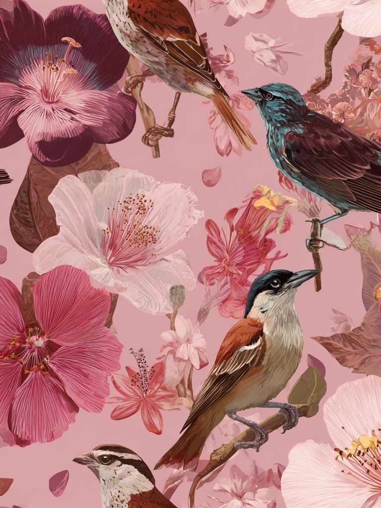 Pink Floral Birds Illustration Poster. poster detail