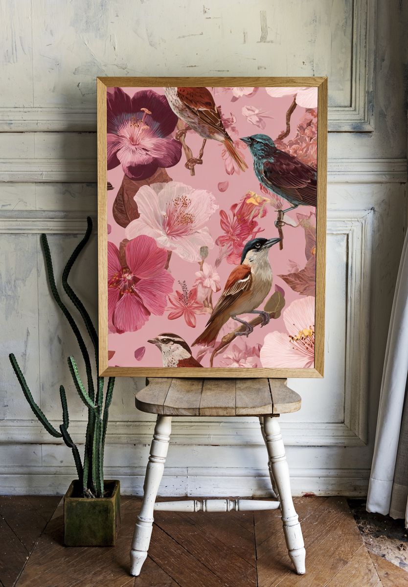 Pink Floral Birds Illustration Poster. room preview