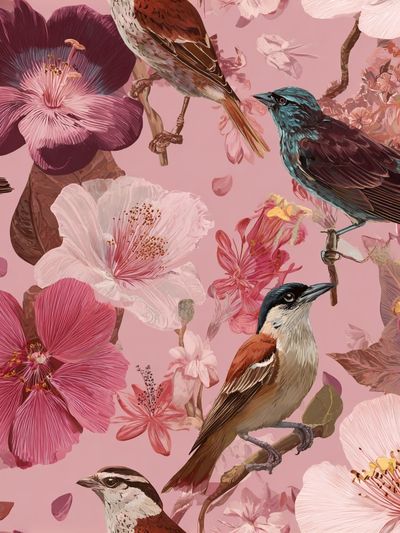Pink Floral Birds Illustration Poster. poster