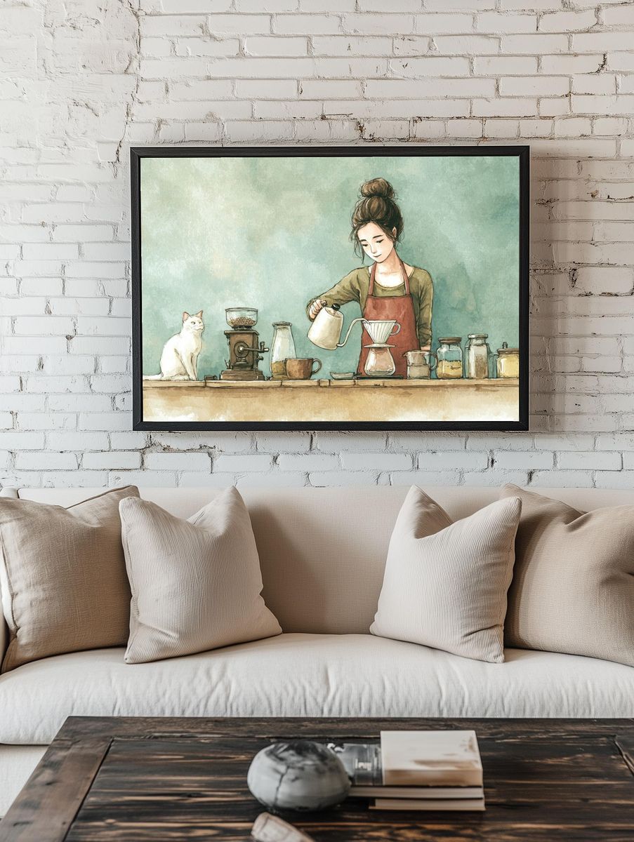 Coffee Ritual with Cat Illustration Poster room preview